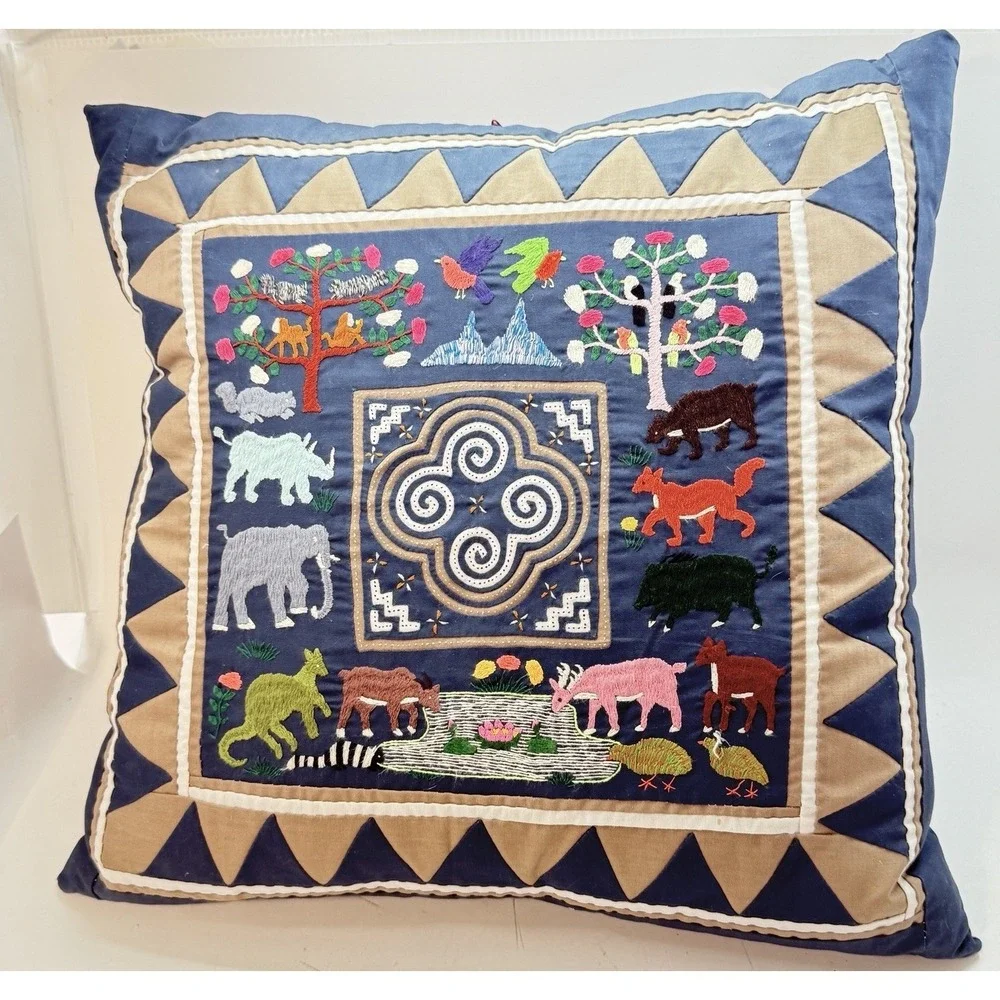 Hmong Story Cloth Paj Ntaub Pillow Cover Hand Embroidered Textile Art 18x18